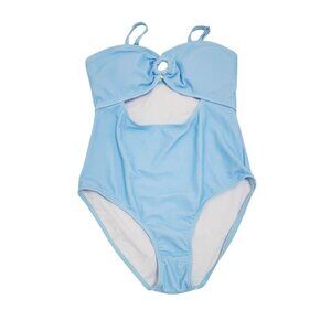 Girls Blue One-Piece Swimsuit With Tropical Leaf Sarong Wrap Size 13 -14 y